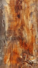 Naklejka premium A close-up photo shows a knotted wooden log with rough texture, brown and orange hues, and visible age marks. Knots add character and history to the wood, illuminated by warm light.