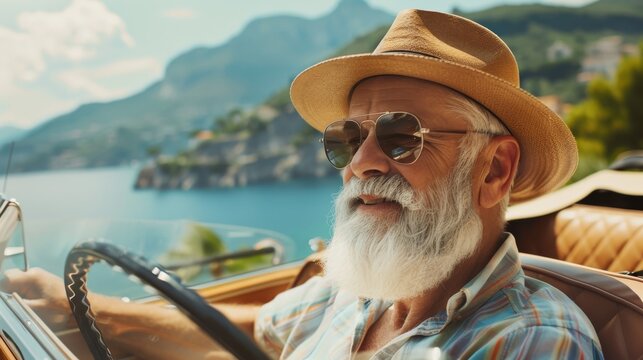 A content senior man in a straw hat and sunglasses enjoys driving a classic convertible along a coastal road.