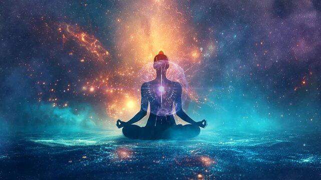 A woman meditating in the lotus position with a nebula galaxy background. Connect with the subconscious