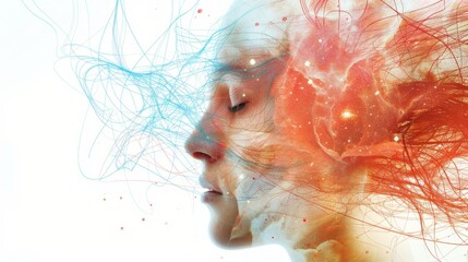 Artistic close-up portrait of a woman with eyes closed, featuring deepness and mystery. Blue and red abstract lines resemble neural connections. Galaxy background adds dreamlike aura.