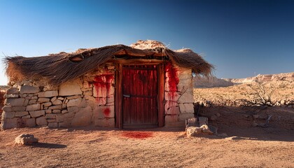 Exodus: The Bible Story about Pascha, Putting Blood on the Doorpost. Old stone hut with a heavy wooden door, left doorpost smeared with blood.