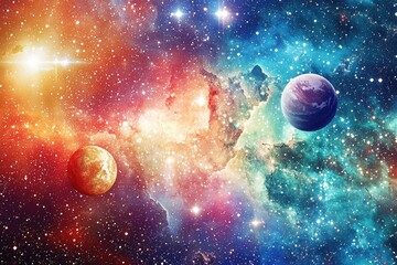 Vibrant cosmic landscape featuring planets, stars, and colorful nebulae against a vast galaxy backdrop.