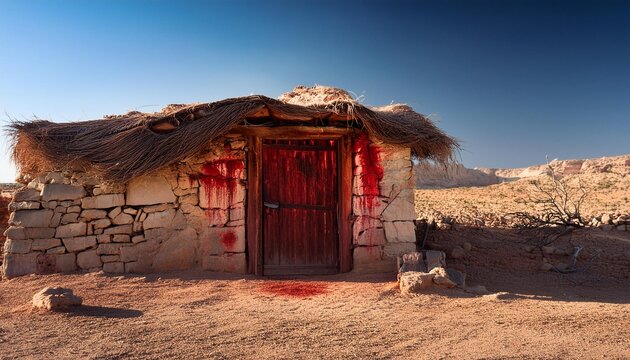 Exodus: The Bible Story about Pascha, Putting Blood on the Doorpost. Old stone hut with a heavy wooden door, left doorpost smeared with blood.