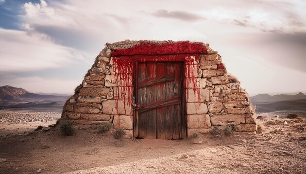 Exodus: The Bible Story about Pascha, Putting Blood on the Doorpost. Old stone hut with a heavy wooden door, left doorpost smeared with blood.