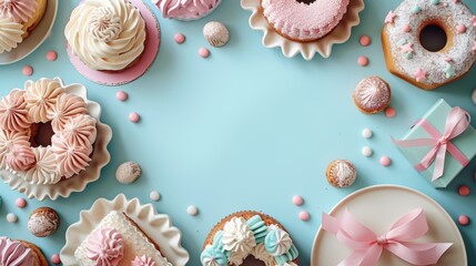 Pastel themed cupcakes and gift boxes arranged on a blue background with copy space in center, creating festive and sweet celebration scene, top view flat lay