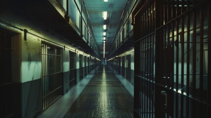 An empty prison corridor illuminated by harsh fluorescent lights with metal bars lining the walls, evoking a sense of captivity and bleakness.