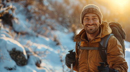 Fototapeta premium Cheerful mountain skier smiles at camera, enjoying beautiful sunset from snowy mountain peak, capturing joy of adventure evoking sense of happiness and freedom in nature