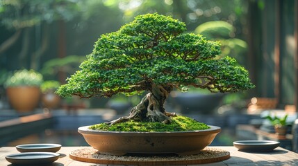 A cypress bonsai in Informal upright style, with a naturally curved trunk 