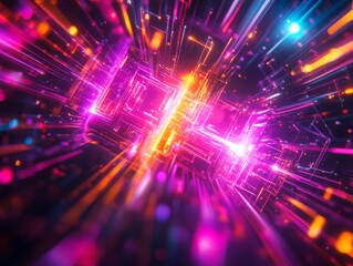 Abstract background highlighted by neon light effects, with bright, glowing lines and shapes that create a vibrant, energetic atmosphere 