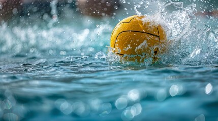 Yellow water polo ball splashing in a swimming pool, creating ripples and excitement in a dynamic game.