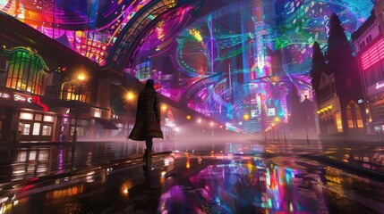 A lone figure walks through a vibrant, neon-lit city under a colorful night sky