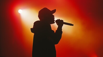 A vibrant concert scene with a performer silhouetted against fiery red and orange stage lights, creating an intense, high-energy atmosphere.