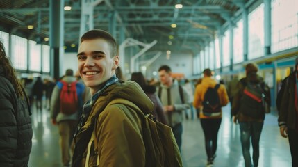 A cheerful young man with a backpack smiles brightly while walking through a busy, well-lit indoor terminal.