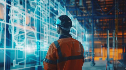 Obraz premium A worker in an orange safety vest examines a digital blueprint in a futuristic industrial setting.