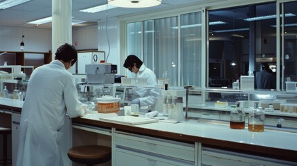 Obraz premium Two lab technicians in white coats, deeply engrossed in their work, populate a sterile, modern laboratory filled with scientific equipment and glass containers.