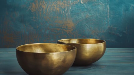 Two elegant bronze bowls resting on a teal wooden surface, evoking a sense of serene simplicity and timelessness.