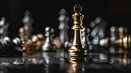 Golden King Chess Piece on a Dark Chessboard