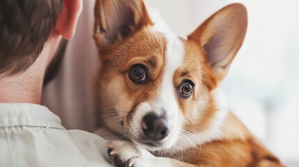 Fototapeta na wymiar A small Corgi puppy snuggles in its owner's arms, looking content and secure with its adorable eyes and fluffy fur, capturing a tender moment.