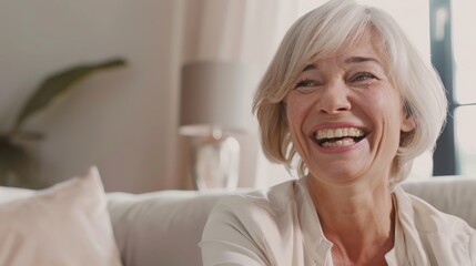 A joyous elderly woman with short, white hair radiates happiness as she sits comfortably on a couch, bathed in warm natural light from a nearby window.