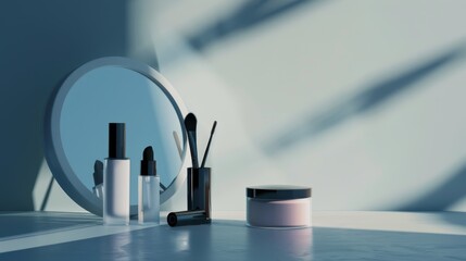 A meticulously arranged set of sleek beauty products, shadows casting a serene ambiance on a minimalist surface, epitomizing sophistication and modern elegance.