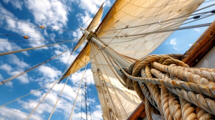 Obraz premium Sailboat mast with rigging reaching for the cloudy sky