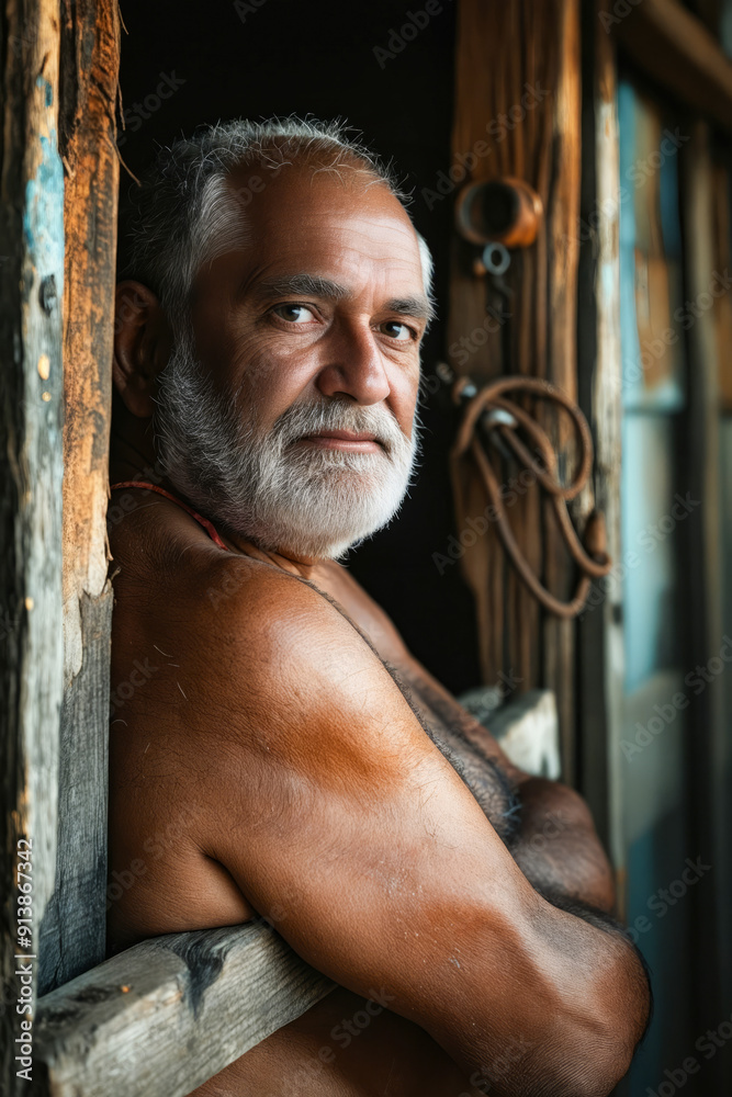 Poster a man with a white beard leaning against a wooden door.