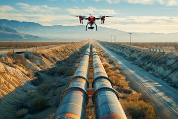 High-resolution image of drone flying over a gas pipeline in a remote desert area