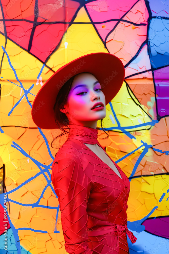 Poster a woman in a red dress and hat standing in front of a colorful wall.