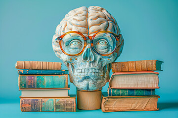 Skull with exposed brain wearing eyeglasses studying stack of books