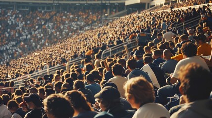 A packed stadium bathed in golden sunlight, filled with fans eagerly watching a sports event.