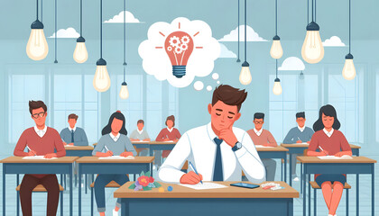 Exam at school with student's taking educational admission test in class, thinking hard, writing answer in university classroom, education and world literacy day concept 2d cartoon minimal