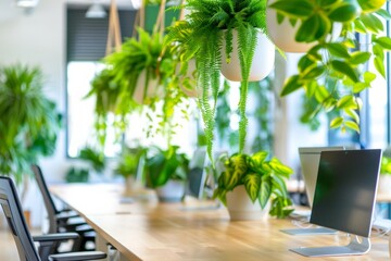 Fototapeta premium A modern office workspace adorned with hanging and desk plants, featuring natural wood finishes