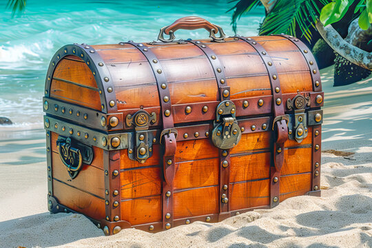Old weathered treasure chest resting on a tropical beach
