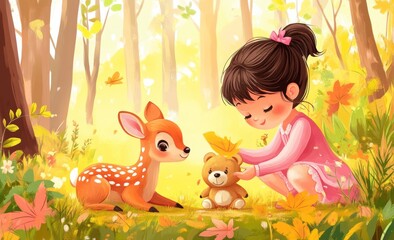 Nature landscape illustration of a woman sat outside on a glade with a baby deer and squirrel. Illustration of ecotourism environment design of a woman sat outside on a glade with a baby deer and