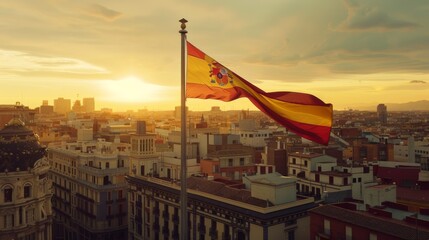 At sunset, Madrid's skyline is illuminated with a warm glow, the Spanish flag proudly waving over the historic city.