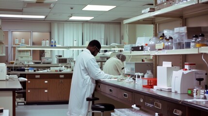 Scientists in lab coats work diligently in a bright laboratory filled with equipment, symbolizing dedication and scientific progress.