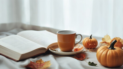  Still life image featuring an open book on a white surface, with a soft focus background of sheer white curtains.