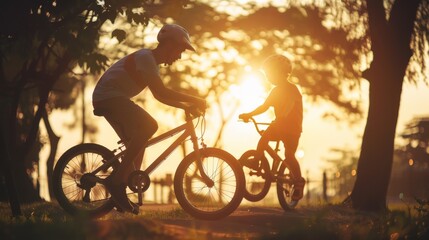 Obraz premium In the warm glow of sunset, a parent and child share a magical biking experience through a tranquil park, enveloped in golden tones and familial warmth.