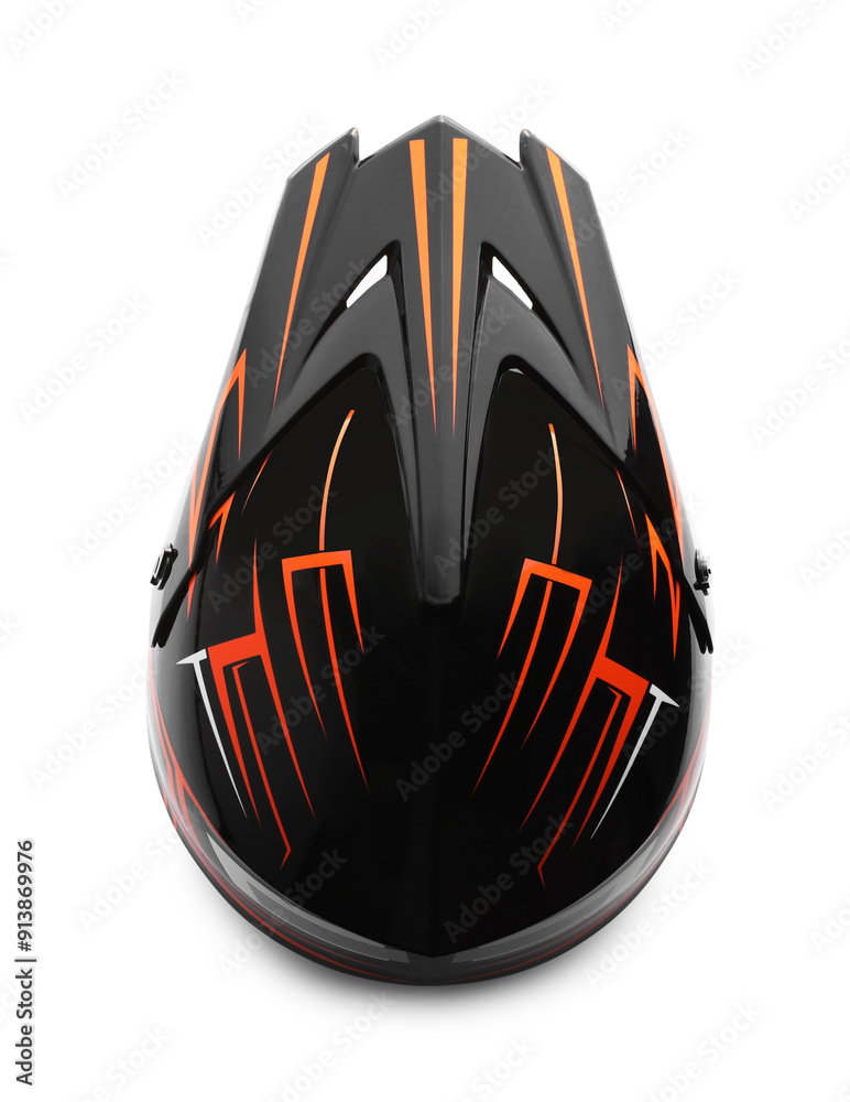 Poster New stylish motorcycle helmet isolated on white, top view