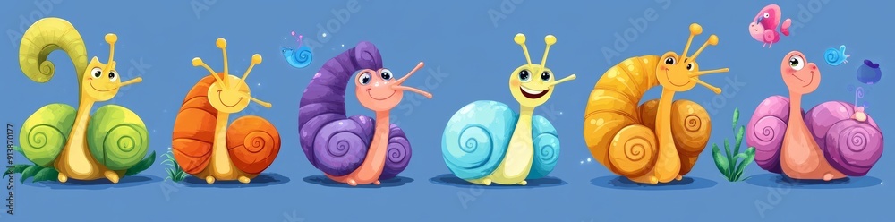 Wall mural The snail cartoon character set features young and old slugs with grey beards and headscarves, lipstick on lips, tie bows, and bright spiral houses.