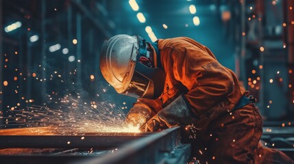 Construction worker meticulously welding steel structures, with sparks flying, demonstrating the precision and safety measures in skilled metalwork 