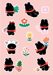 set of bunny, Cute sticker, christmas greeting card, tree with gifts, flowers in pots, Christmas and cute bunny, element Christmas animal, draw vector cute bunny in garden