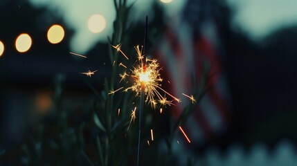 A single sparkler illuminating the evening with its bright light, set against a dark backdrop and a soft-focus American flag.