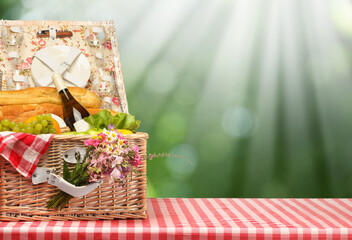 Picnic basket with foods and wine on table in nature. Space for text