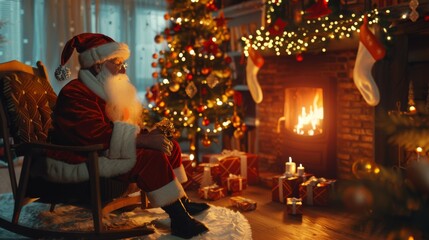 Obraz premium Santa Claus sits thoughtfully by a cozy fireplace, surrounded by festive decorations and a beautifully lit Christmas tree, creating a warm holiday atmosphere.