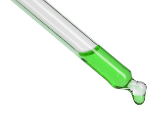 Dropper with green cosmetic oil on white background