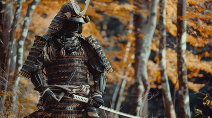 Fototapeta premium A warrior in traditional samurai armor stands vigilantly among autumn foliage with a sword drawn, ready for battle.