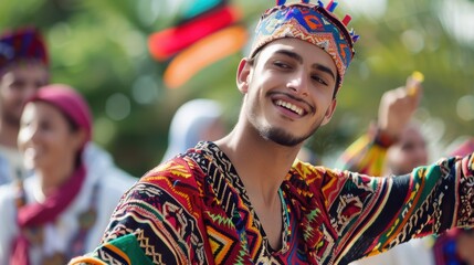 Obraz premium Surrounded by vibrant decorations and a festive atmosphere, a joyful man in colorful traditional attire dances energetically at a cultural festival.