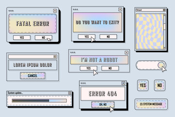 Vector retro digital frames or 90s vaporwave aesthetics computer system message window. Old and vintage desktop box for error and notification. UI dialog button for operation system design. UI and UX