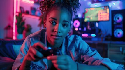Fototapeta premium Woman Playing Video Games with Neon Lights